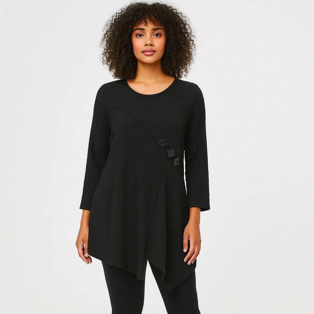 Yushi Asymmetric Crinkle Tunic Top Sz XL Lagenlook Artsy Textured Flowy Buttons - Picture 1 of 4